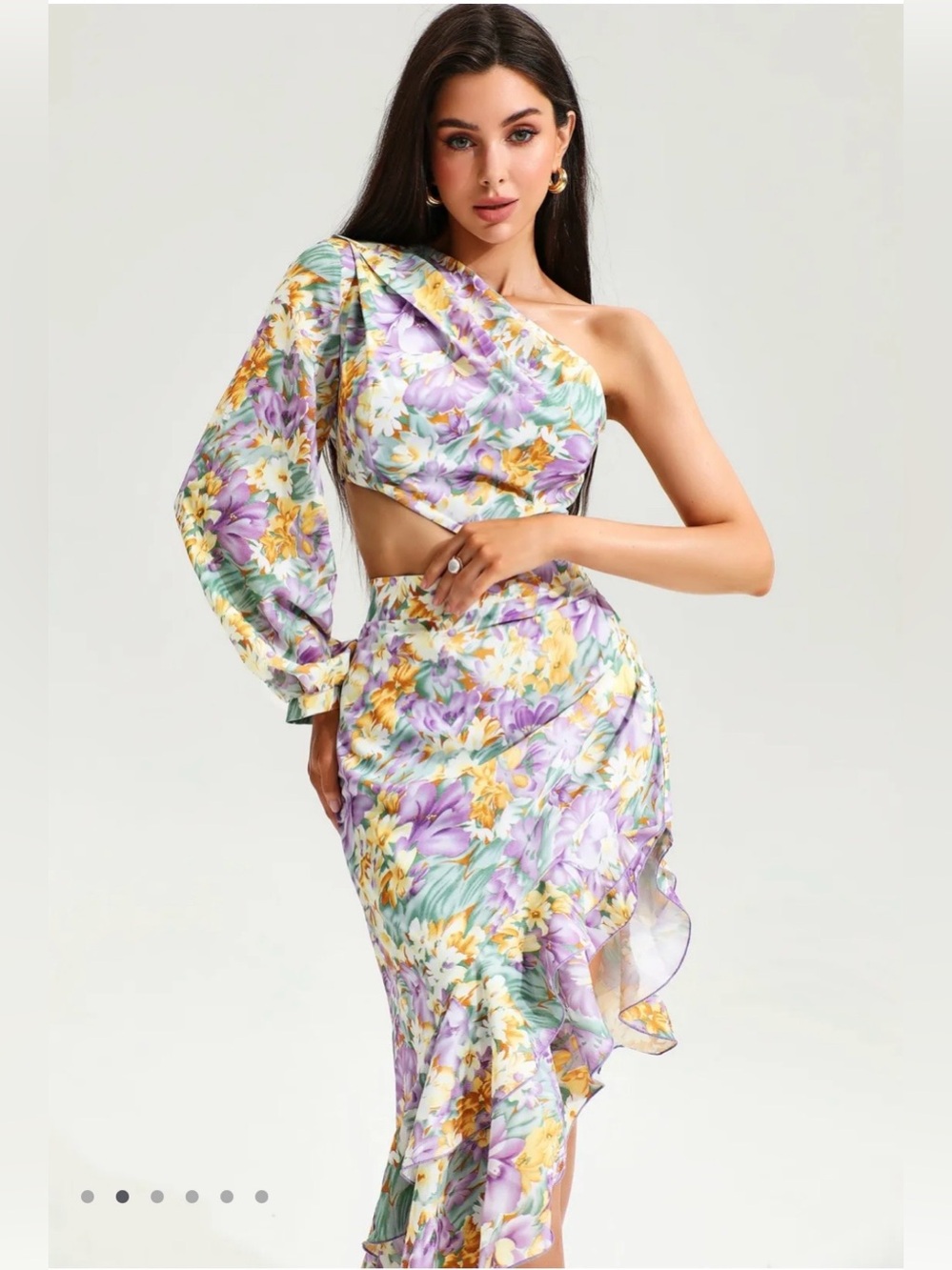 Bella Barnett Floral Slanted Shoulder Long Sleeve Ruffle Maxi Dress Purple Large